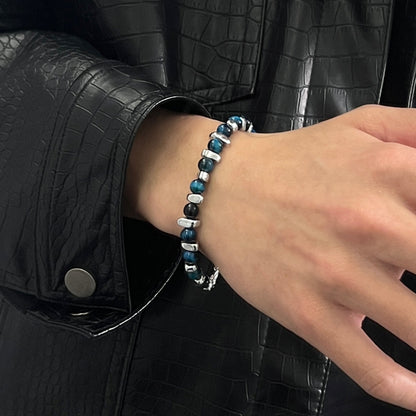 Men's Blue Bead Bracelet with Silver-Tone Spacers and Adjustable Chain