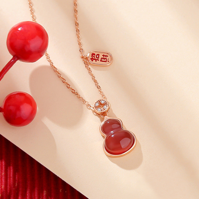 Stone Necklace - Chinese Gourd Pendant with Hetian Jade or Red Agate | STAR8S