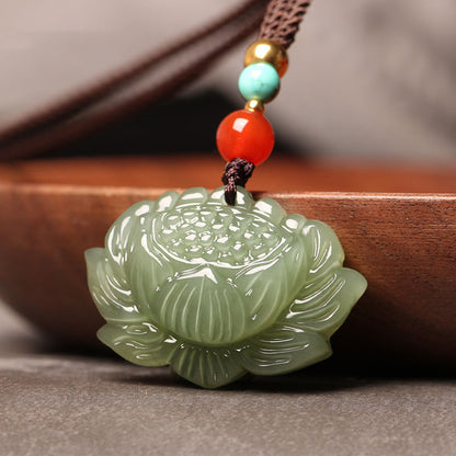 Elegant Hetian Jade Green Lotus Pendant Necklace – Unisex