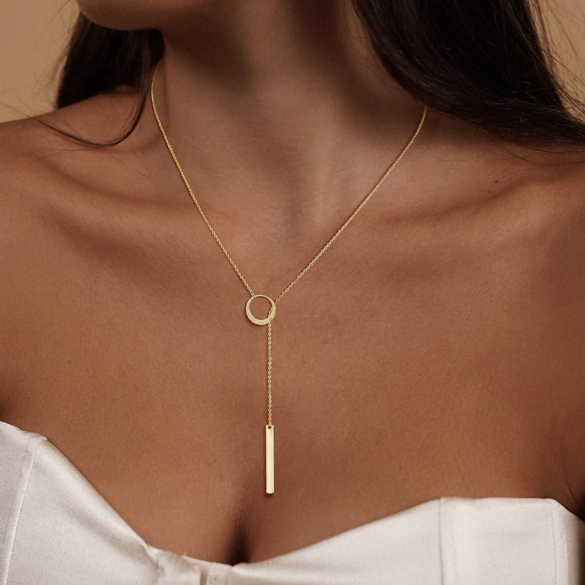 minimalist circle and vertical bar lariat necklace for women dainty long drop y necklace gold tone geometric clavicle collarbone chain edgy punk elegant layering jewelry birthday anniversary gift for her
