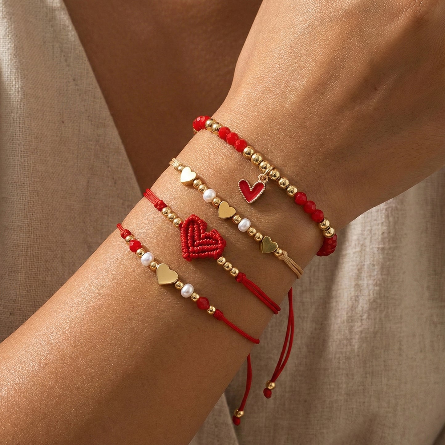 boho chic 4-piece red string & gold-tone heart bracelet stack | lightweight adjustable braided cord beaded charm bracelets set perfect for daily wear & gifting