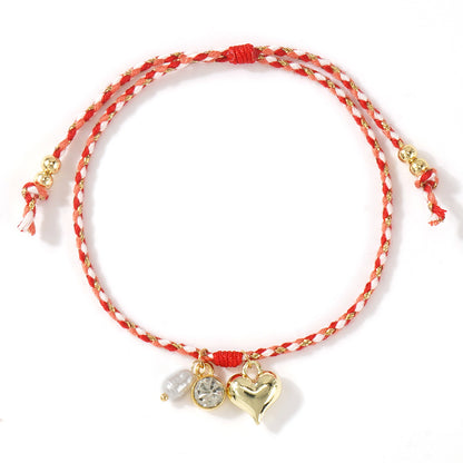 Handmade Red String Bracelet for Women Teen Girls Gold Heart Pendant Freshwater Pearl Cubic Zircon Charm Braided Cord Friendship Bracelet Summer Beach Vacation Adjustable Wristband Pack