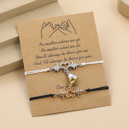 Matching Relationship Bracelets for Couples Magnetic Split Heart Lifeline Charm Handcrafted Woven Cord Wristband with Pinky Promise Wish Card for Lovers Anniversary Birthday