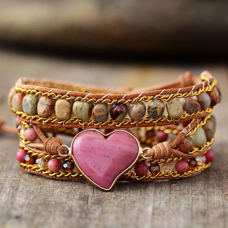 rhodonite heart bracelet – handmade 3-layer braided leather wrap bracelet for women - star8s