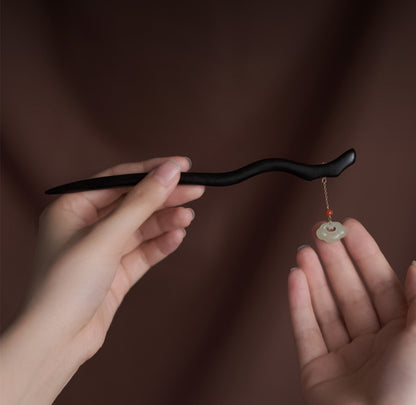 Natural Black Ebony Wood & Hetian Jade Hairpin - Hair Stick Accessory