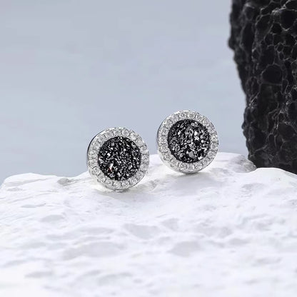 Men's Black Druzy Stud Earrings Titanium Steel Non Tarnish Fake Gauge Bling Crystal Halo Round Earrings Punk Gothic Hip Hop Ear Studs Streetwear Jewelry Accessories Gift for Men Boyfriend Silver Color