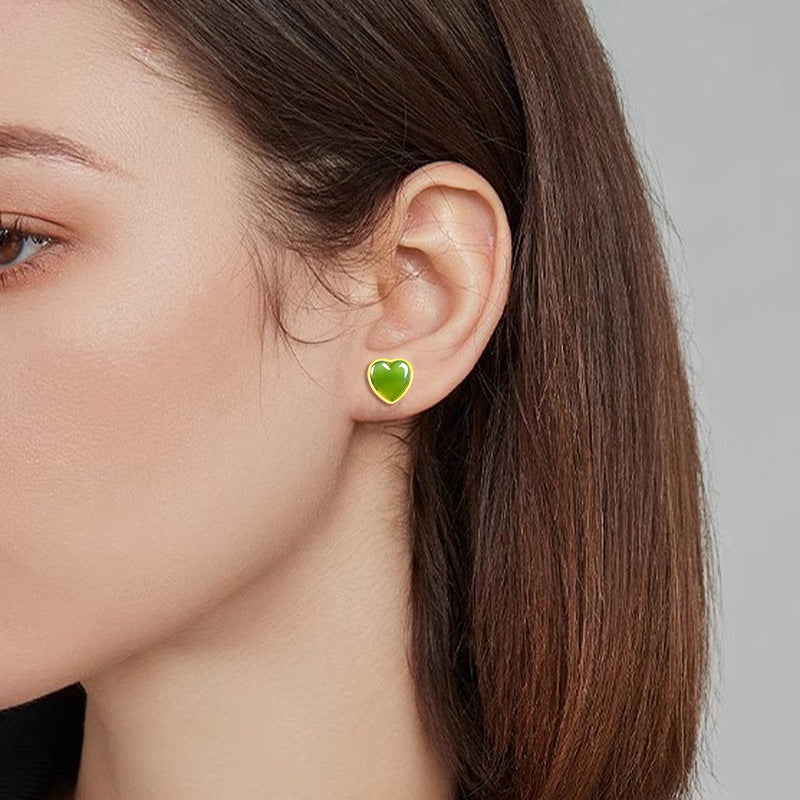 spinach green natural hetian jade heart earrings - s925 silver setting with minimalist design