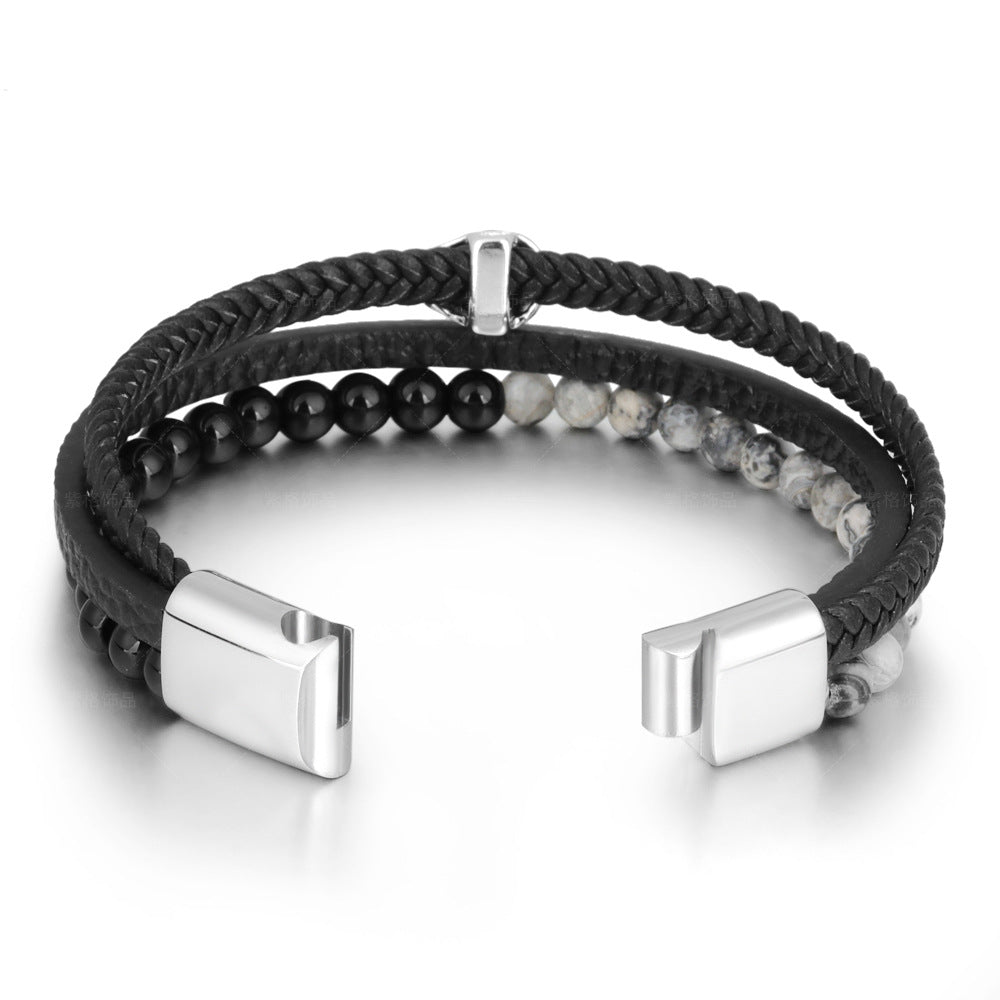 Men’s Stainless Steel Bracelet – Leather & Tiger’s Eye Beads with Skull Charm - STAR8S
