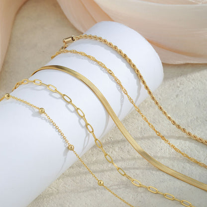 5-Piece Bracelet Set for Women, Electroplated Brass Chain Bracelets with Herringbone, Rope, Twisted, Paperclip and Bead Station Designs, Adjustable Lobster Clasps, 6.7 Inch Length with 1.5 Inch Extenders, Layering Jewelry for Everyday Wear and Gift G