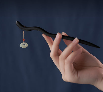 Natural Black Ebony Wood & Hetian Jade Hairpin - Hair Stick Accessory