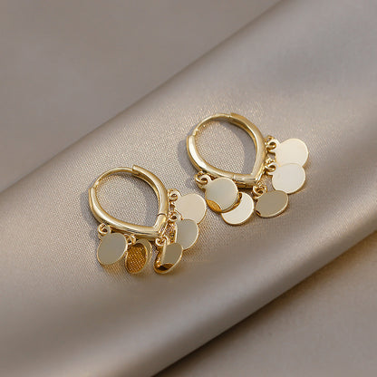 Lightweight Gold Plated Shimmering Disc Tassel Hoop Earrings Gentle Movement Dainty Dangle Huggies Comfortable Everyday Statement Ear Rings for Sensitive Ears