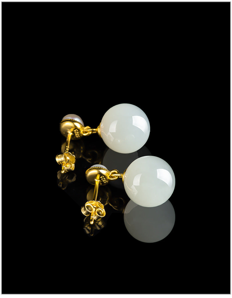 elegant hetian jade & pearl stud earrings | s925 silver inlay | stylish and simple design