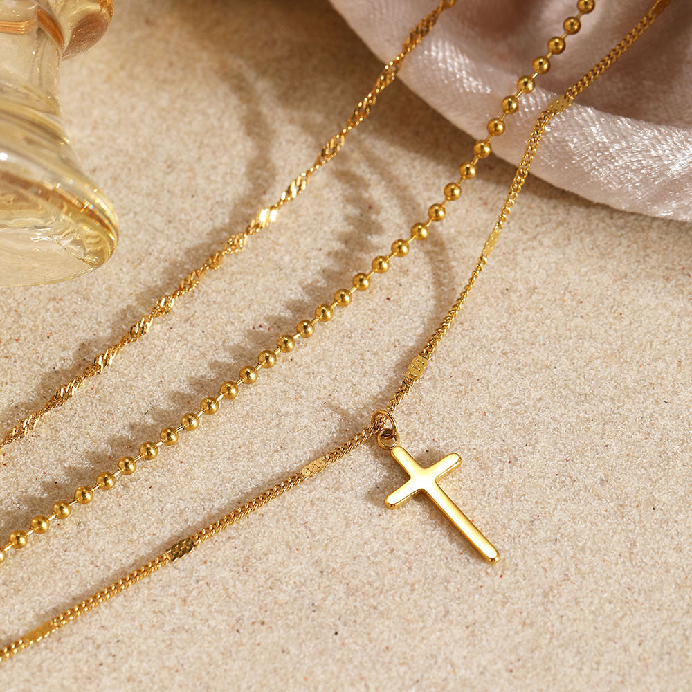 stainless steel layered cross necklace for women gold tone multi strand layered chain necklace dainty bead ball chain twisted wave choker christian cross pendant faith jewelry gift