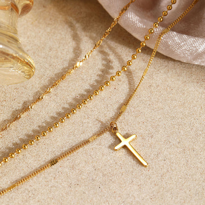 Stainless Steel Layered Cross Necklace for Women Gold Tone Multi Strand Layered Chain Necklace Dainty Bead Ball Chain Twisted Wave Choker Christian Cross Pendant Faith Jewelry Gift