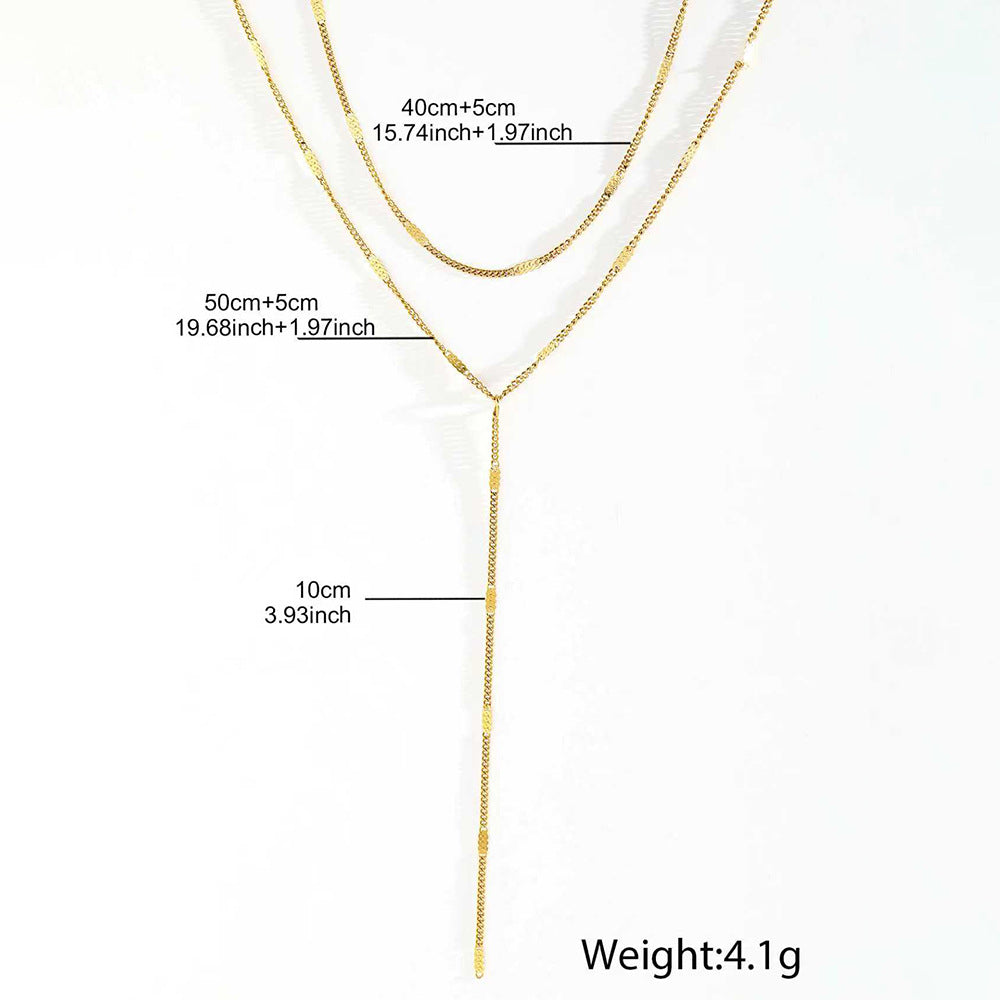 stainless steel layered y necklace for women gold tone double strand lariat necklace dainty lip chain textured bar tassel pendant sexy cleavage choker body jewelry gift