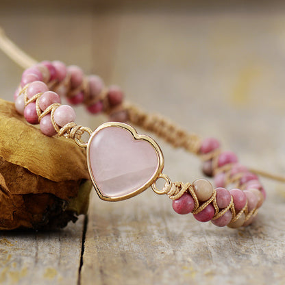 Double Layer Heart Braided Bracelet with Rose Quartz, Turquoise & Picture Stone – Handmade Adjustable Bracelet - STAR8S
