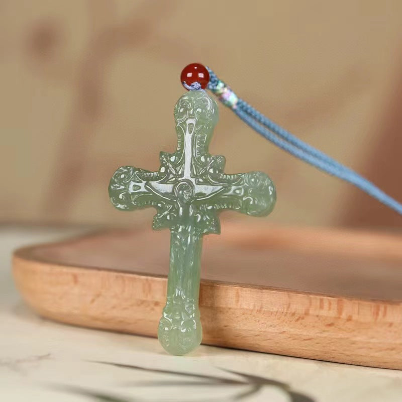 natural hetian jade cross necklace - men & women, green jade pendant gift