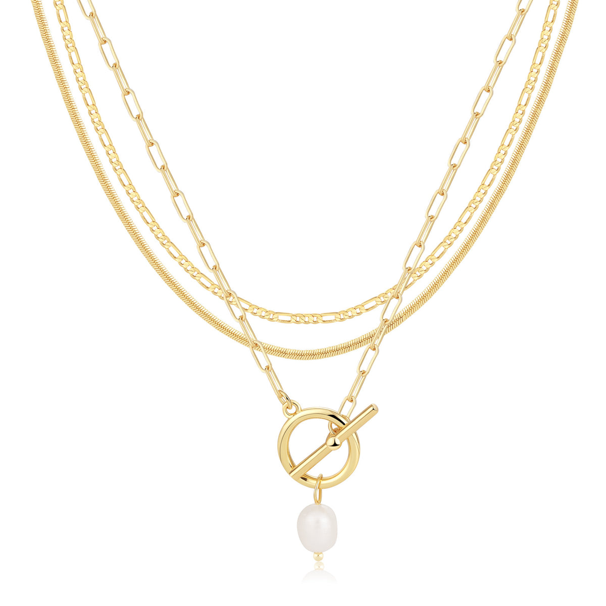 women's gold-tone brass necklace set with paperclip toggle, figaro and snake chains, 3 pieces