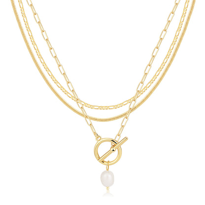 Women's Gold-Tone Brass Necklace Set with Paperclip Toggle, Figaro and Snake Chains, 3 Pieces