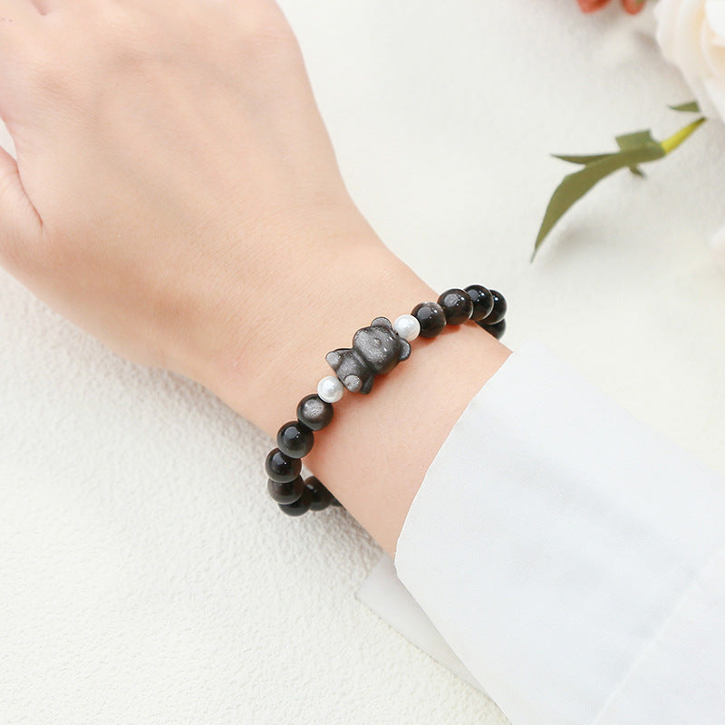 Silver Obsidian Bear Bracelet – Minimalist Black Gemstone Beaded Bracelet for Men & Women - STAR8S