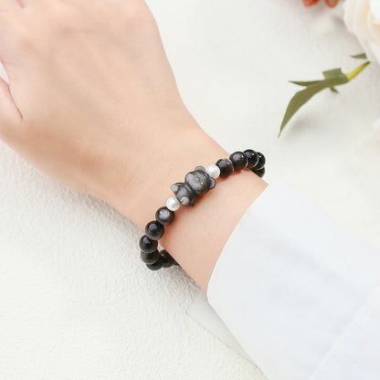Silver Obsidian Bear Bracelet – Minimalist Black Gemstone Beaded Bracelet for Men & Women - STAR8S