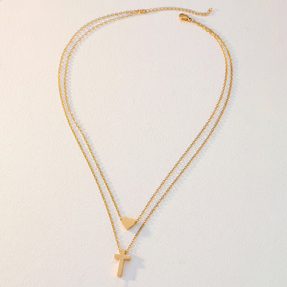 Layered Cross Necklace for Women Stainless Steel Gold Plated Dainty Open Heart Charm Pendant Double Strand Chain Choker Minimalist Christian Faith Religious Amulet Trendy Jewelry Gift for Her Girlfriend