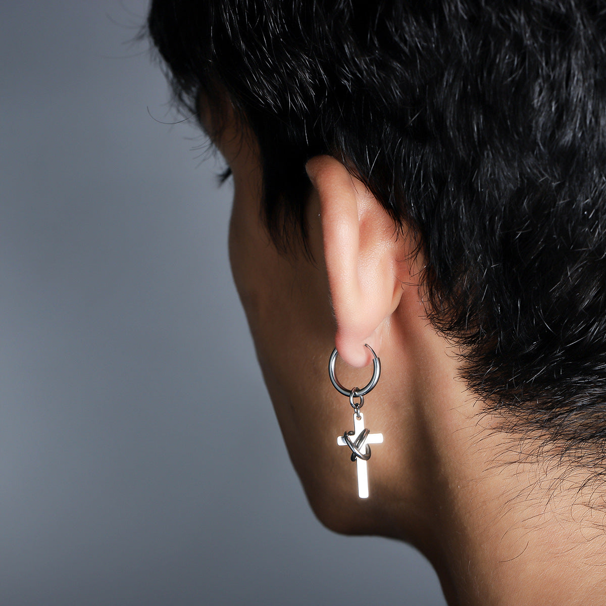 men's cross drop hoop earrings titanium steel non tarnish twisted wire entwined cross dangle earrings punk gothic hip hop ear jewelry streetwear ear clips for men pierced non-pierced silver color