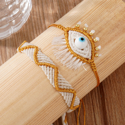 Handmade Woven Evil Eye Bracelet Set for Women Men Boho Macrame Protection Talisman Gold Metallic Thread Cream White Braided Rope Cord Adjust String Set of 2
