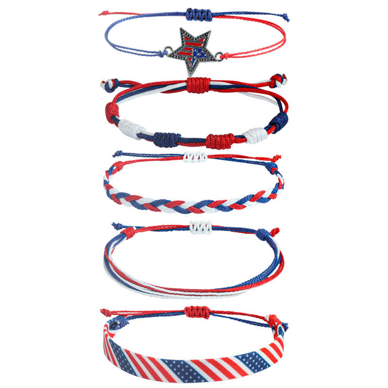 4th of july patriotic bracelets set red white and blue independence day braided rope bracelets pack memorial day american flag star charm woven string stackable jewelry gift for women men 5pcs