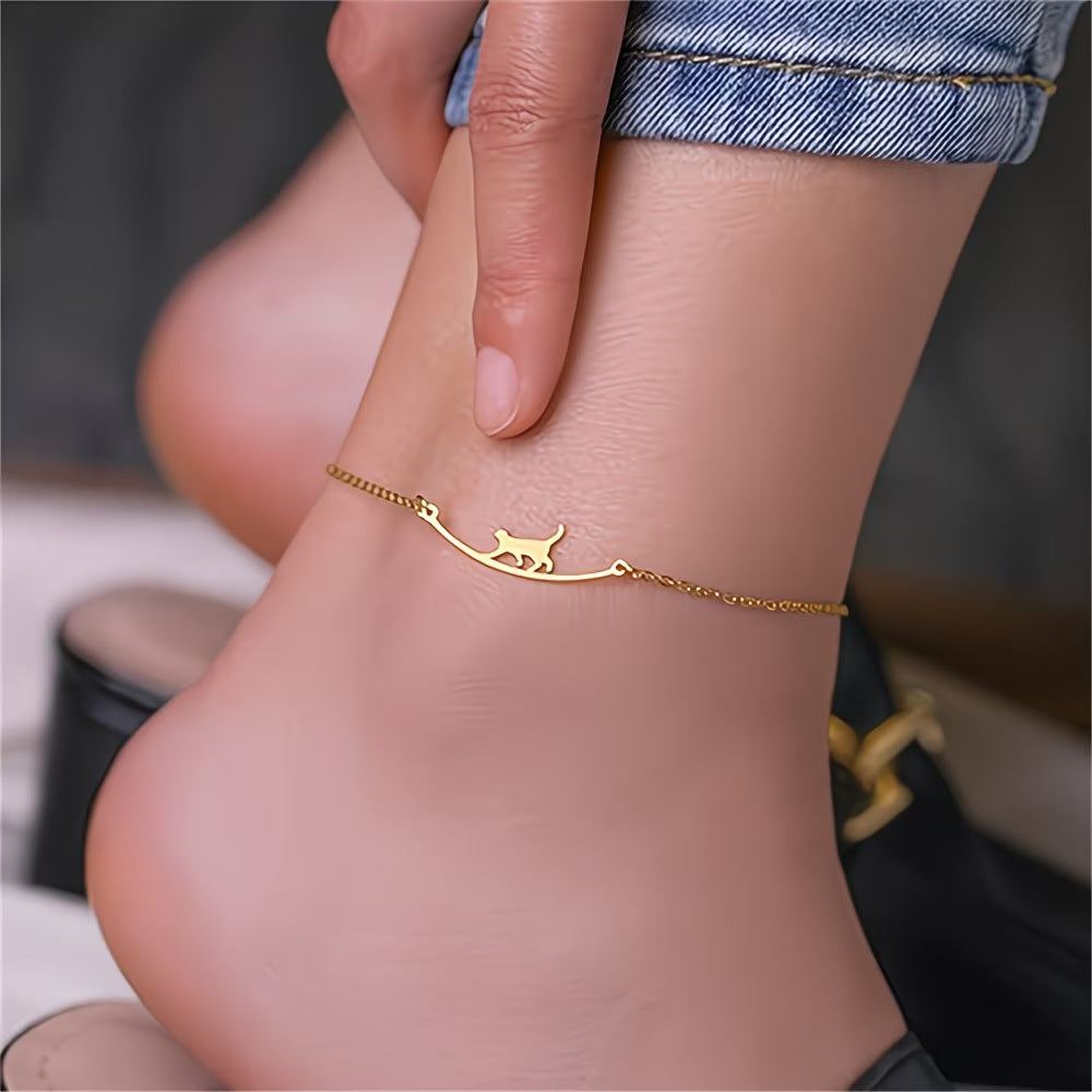 gold-tone walking cat anklet for women, electroplated brass adjustable ankle bracelet with clear accent stone, dainty summer foot jewelry