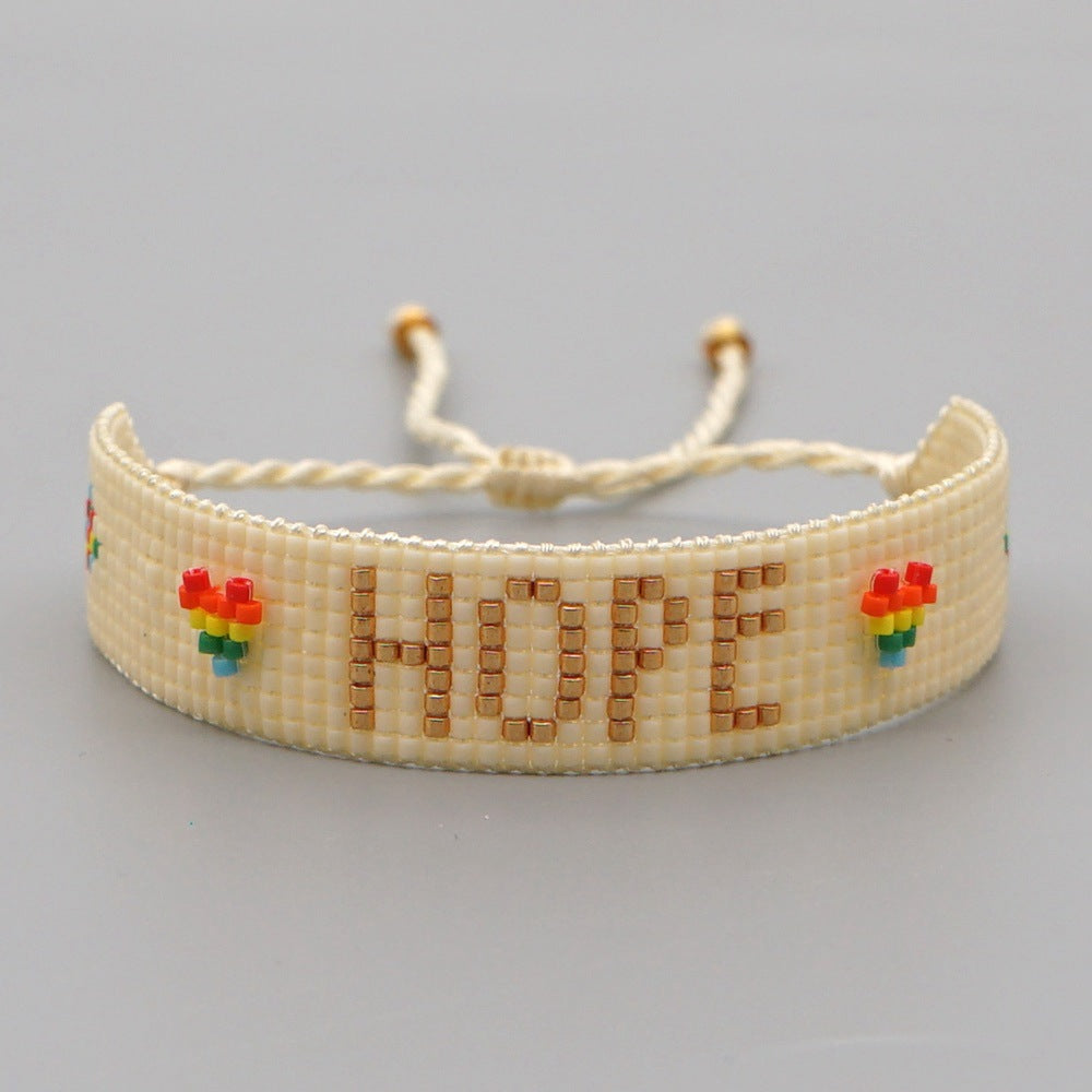 boho heart friendship bracelet – handmade woven seed bead hope rainbow letter bracelet | adjustable bohemian jewelry