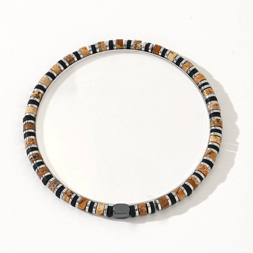 Beaded Men Bracelet – Fashionable Tiger Eye & Hematite Stone Cylindrical Bead Wristband - STAR8S