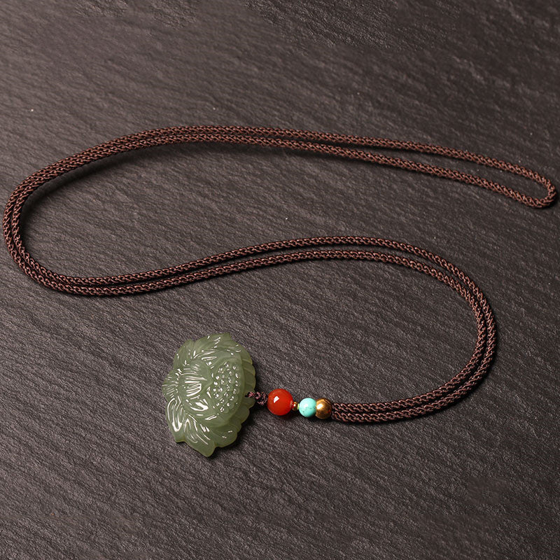 elegant hetian jade green lotus pendant necklace – unisex