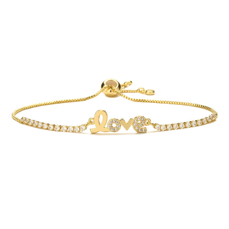 sparkling premium cubic zirconia love script nameplate bracelet tarnish resistant base skin safe hypoallergenic adjustable pull string comfort fit evening wear gift