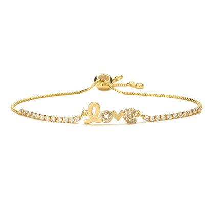 Sparkling Premium Cubic Zirconia LOVE Script Nameplate Bracelet Tarnish Resistant Base Skin Safe Hypoallergenic Adjustable Pull String Comfort Fit Evening Wear Gift