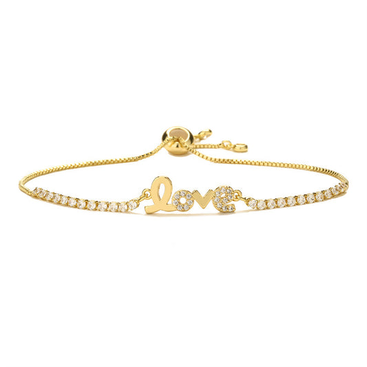 Sparkling Premium Cubic Zirconia LOVE Script Nameplate Bracelet Tarnish Resistant Base Skin Safe Hypoallergenic Adjustable Pull String Comfort Fit Evening Wear Gift