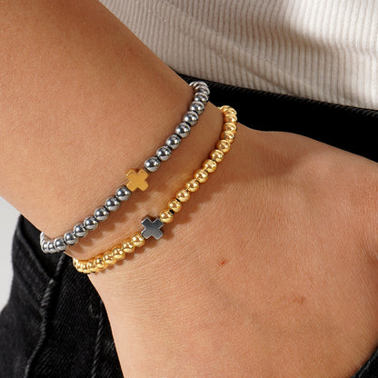 Hematite Cross Bead Bracelet – Handmade Stylish Couple Jewelry – Gold & Silver Accent – Adjustable, Elegant Fashion Accessory