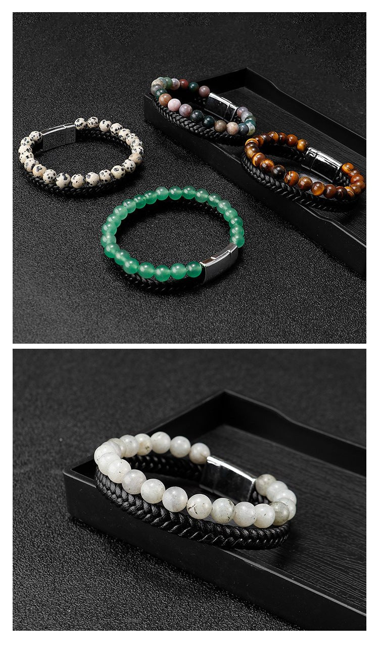 Men’s Beaded Stone Bracelet - Tiger Eye Beads with Genuine Leather Cord - Natural Stone and Agate Bracelet - STAR8S