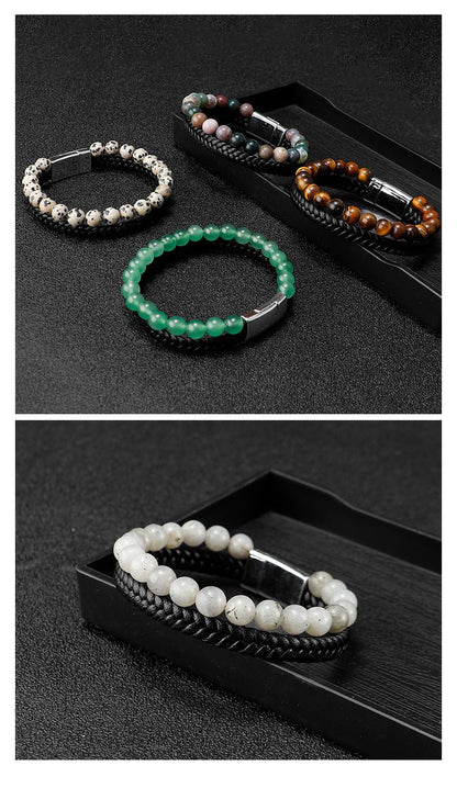 Men’s Beaded Stone Bracelet - Tiger Eye Beads with Genuine Leather Cord - Natural Stone and Agate Bracelet - STAR8S