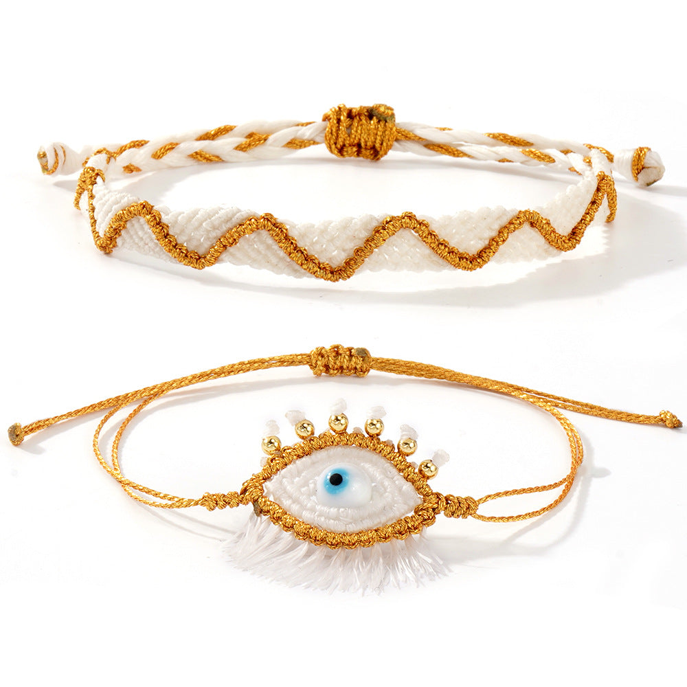 handmade woven evil eye bracelet set for women men boho macrame protection talisman gold metallic thread cream white braided rope cord adjust string set of 2