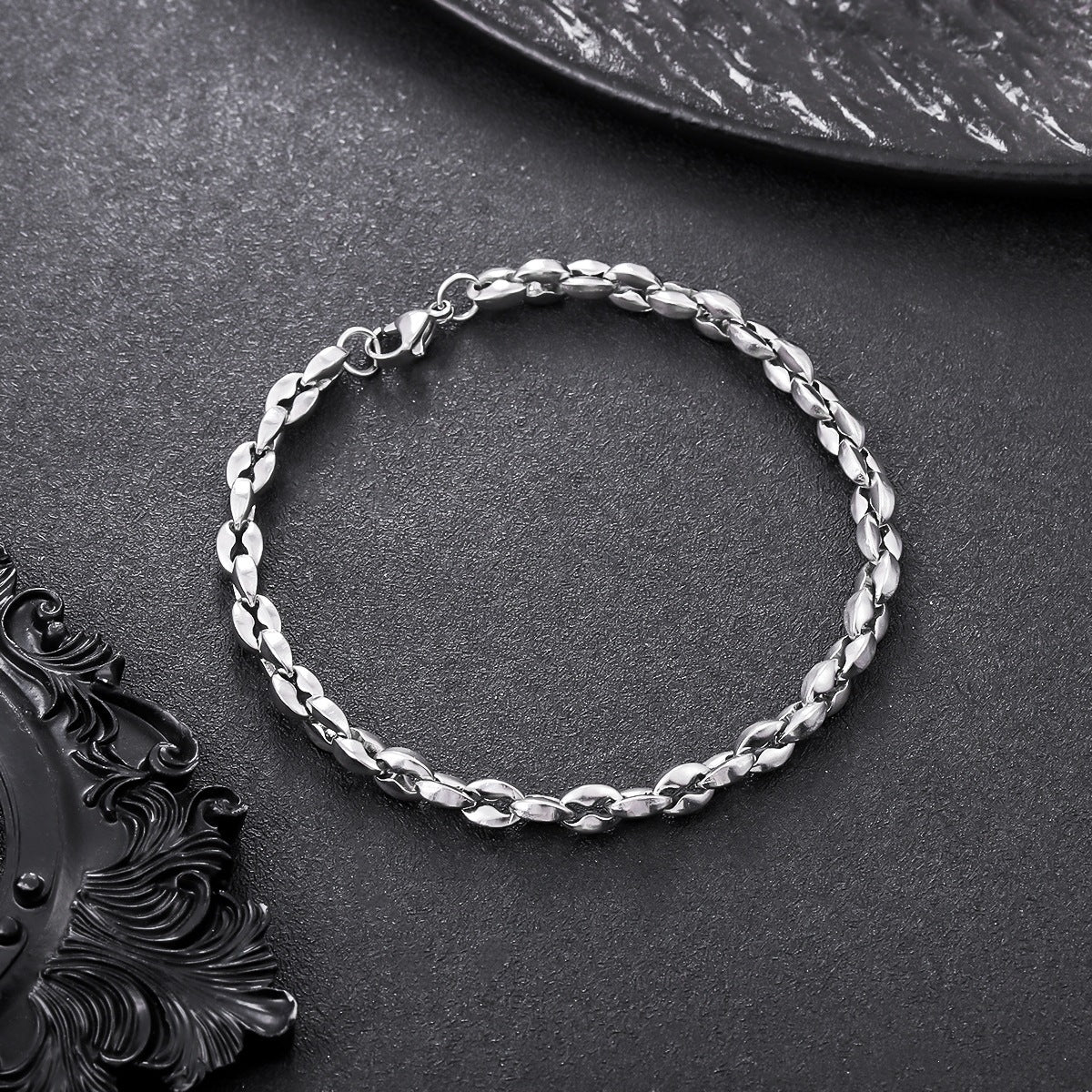 men titanium steel coffee bean chain bracelet non tarnish waterproof silver-tone stainless steel link wristband modern minimalist everyday jewelry gift for men husband boyfriend