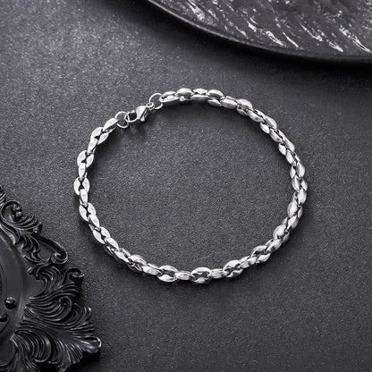 Men Titanium Steel Coffee Bean Chain Bracelet Non Tarnish Waterproof Silver-tone Stainless Steel Link Wristband Modern Minimalist Everyday Jewelry Gift for Men Husband Boyfriend
