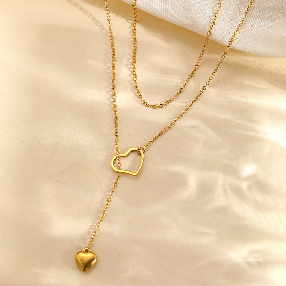 double layer heart necklace for women gold plated dainty layered lariat drop long pendant necklace minimalist y-chain choker trendy clavicle chain costume jewelry birthday anniversary gift for girlfriend teen girls