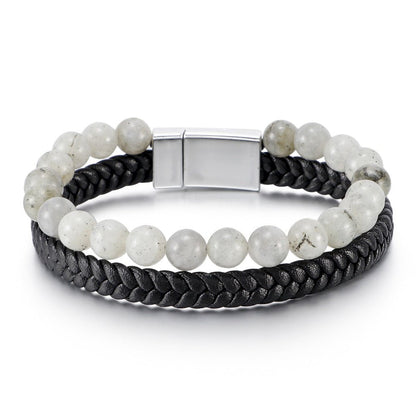 Men’s Beaded Stone Bracelet - Tiger Eye Beads with Genuine Leather Cord - Natural Stone and Agate Bracelet - STAR8S