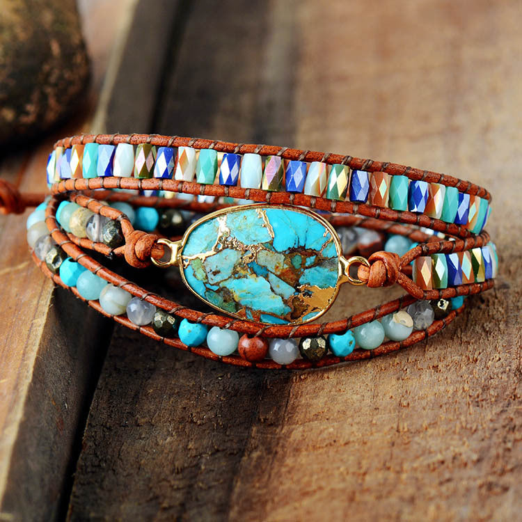 handmade turquoise egg boho bracelet with crystal beads – fashionable vintage braided leather wrap bracelet for women - star8s