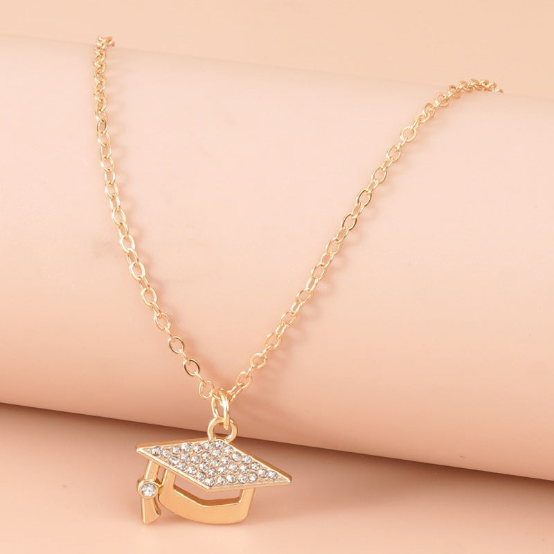 trendy rhinestone graduation cap pendant necklace for women girls gold plated class of 2026 doctoral mortarboard charm choker chain memorial jewelry gift with inspirational card going places