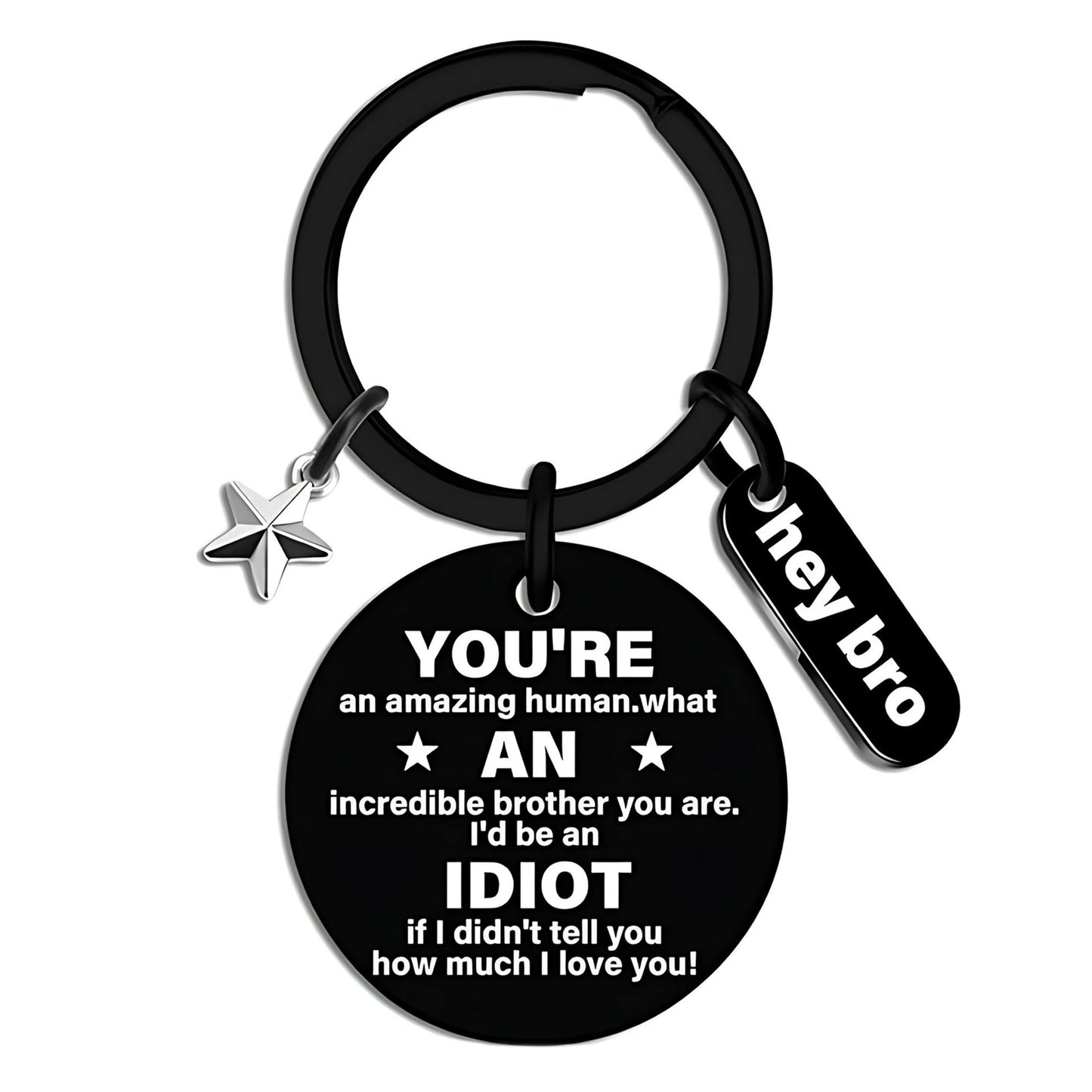 funny brother keychain gift from sister brother stainless steel black engraved round key ring charm pendant with star hey bro sign birthday graduation christmas motivational gag gift for men teens 1.17" 13.5g