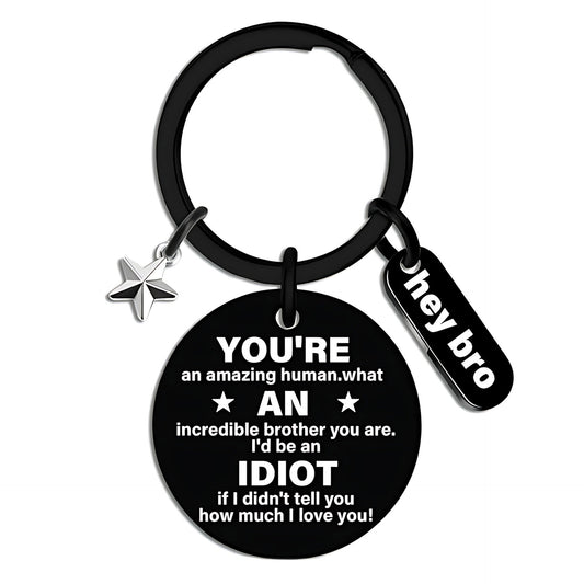 Funny Brother Keychain Gift from Sister Brother Stainless Steel Black Engraved Round Key Ring Charm Pendant with Star Hey Bro Sign Birthday Graduation Christmas Motivational Gag Gift for Men Teens 1.17" 13.5g