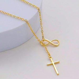Stainless Steel Infinity Cross Necklace for Women Gold Tone Infinity Loop Cross Pendant Lariat Necklace Religious Faith Christian Jewelry Elegant Y Necklace Gift for Her