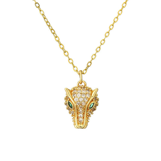 Dainty Sparkling CZ Leopard Head Pendant Necklace for Women Teen Girls Gold Tone Copper Cheetah Clavicle Collarbone Chain Emerald Green Eye Animal Mascot Jewelry Gift